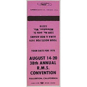 Vintage Matchbook Cover RMS 38th Annual Convention 1978 Fullerton CA Pink